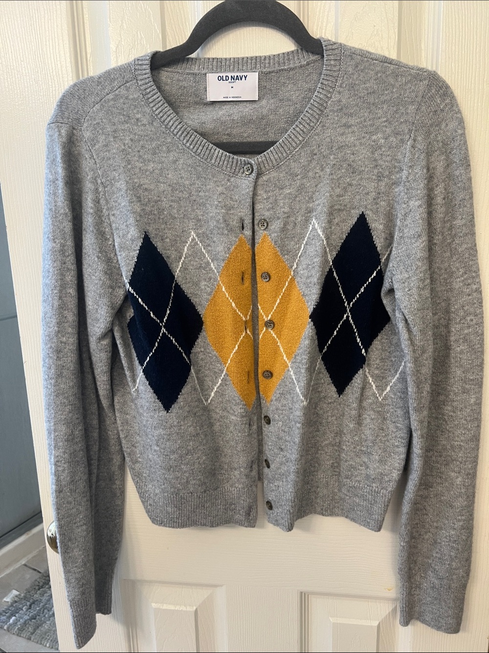 Old Navy Gray Cardigan with Navy and Mustard Argyle